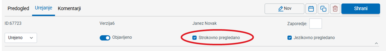 Posnetek zaslona: status sestavka, strokovno pregledano