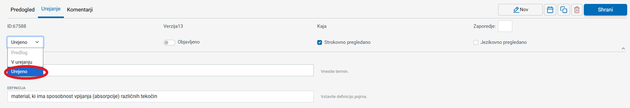 Posnetek zaslona: status sestavka, urejeno