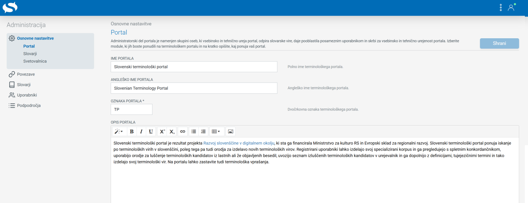 Posnetek zaslona: admin, portal