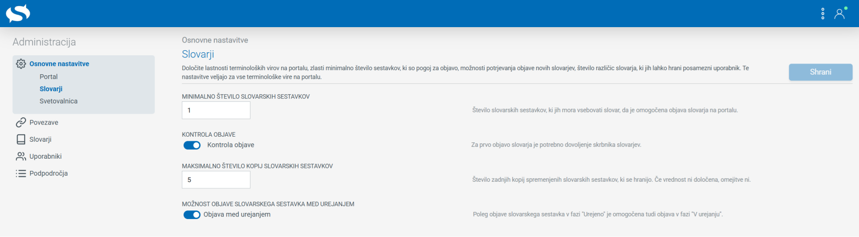 Posnetek zaslona: admin, slovarji