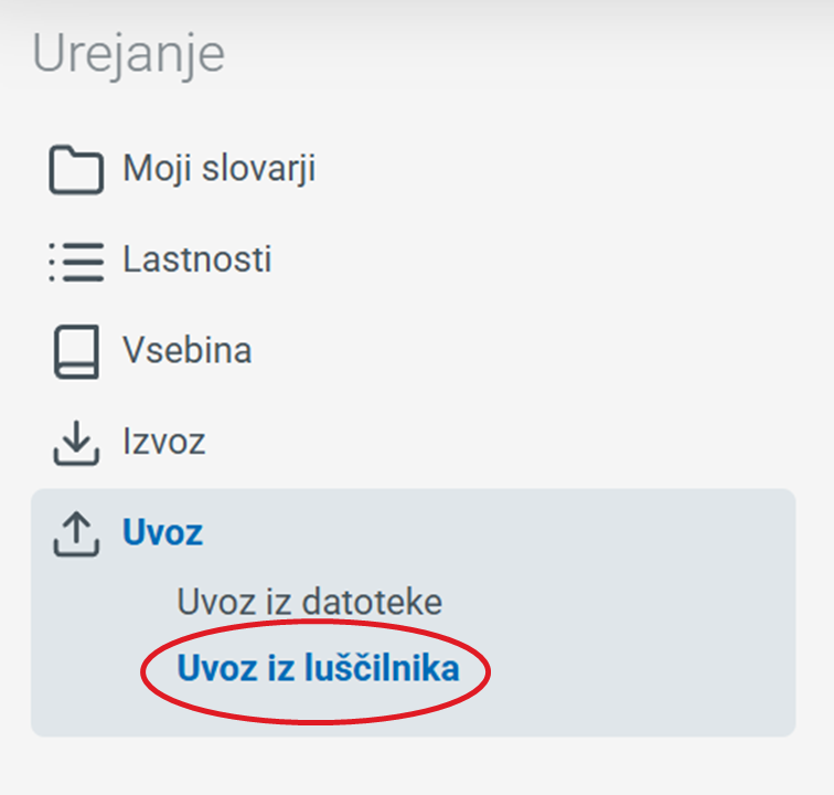 Posnetek zaslona: gumb Uvoz iz luscilnika