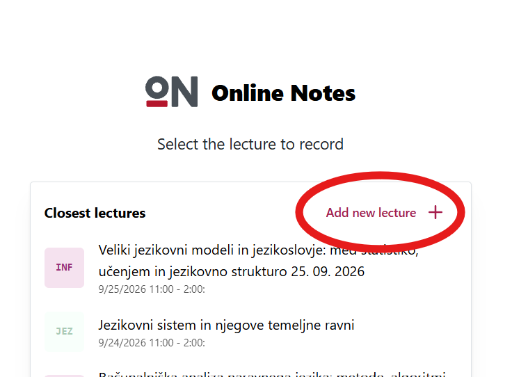 Slika gumba za dodajanje novega predavanja na platformi ON Stream