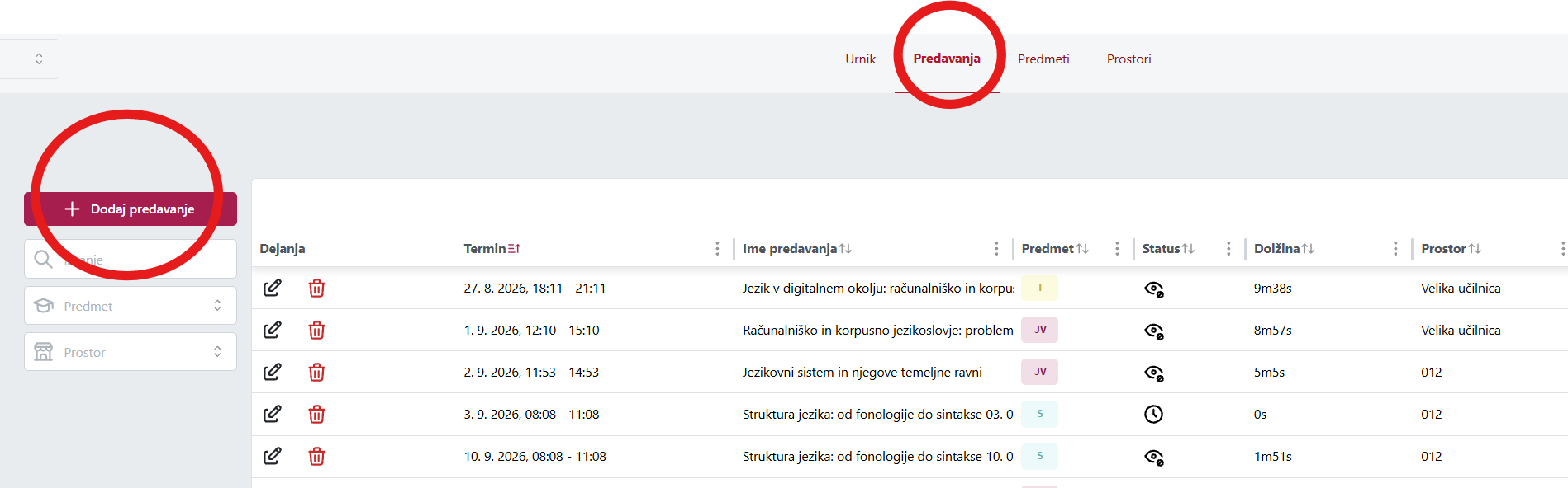 Dodajanje prostora v administratorskem pogledu
