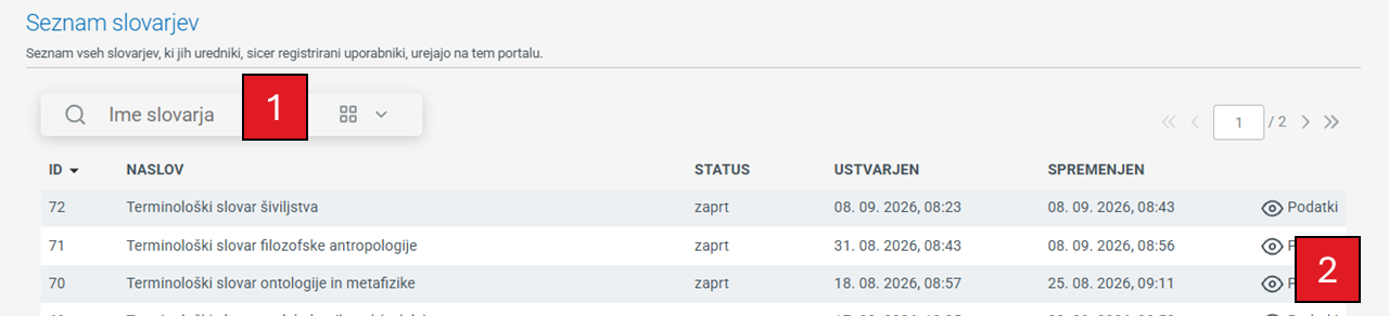 Posnetek zaslona gumba za izdelavo novega slovarja, možnosti