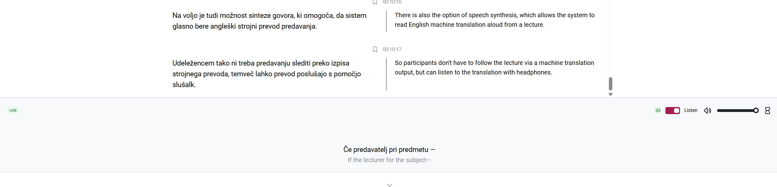 Spremljanje predavanja v živo, sinteza govora