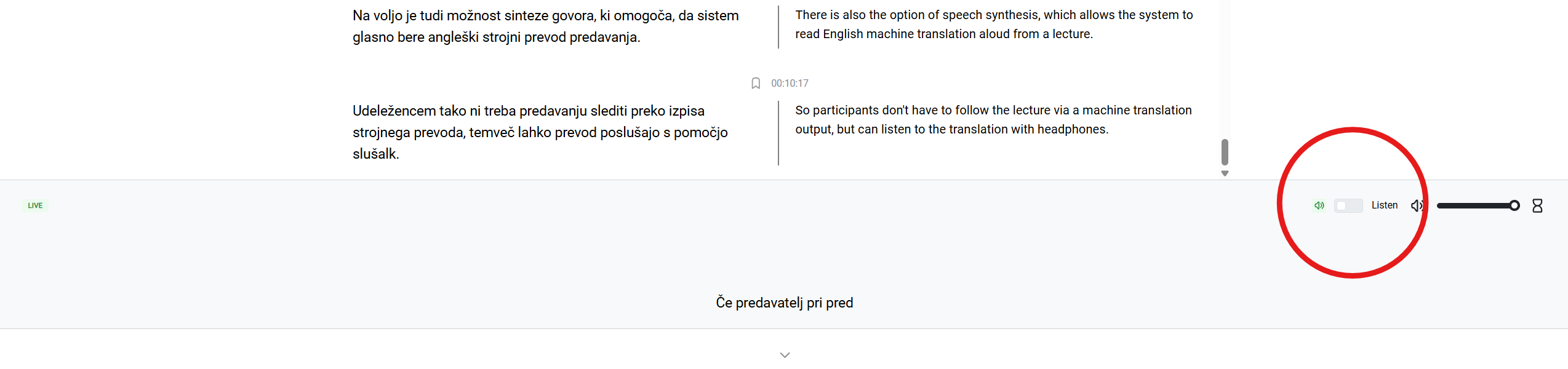 Spremljanje predavanja v živo, sinteza govora