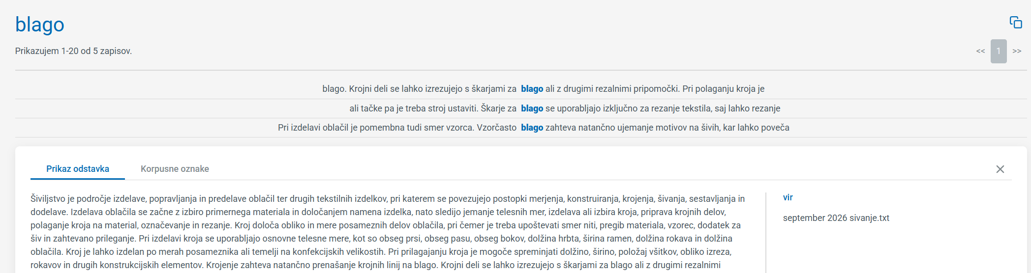 Posnetek zaslona: konkordance in kontekst