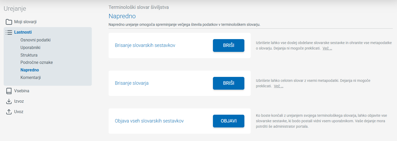Posnetek zaslona: meni, napredno