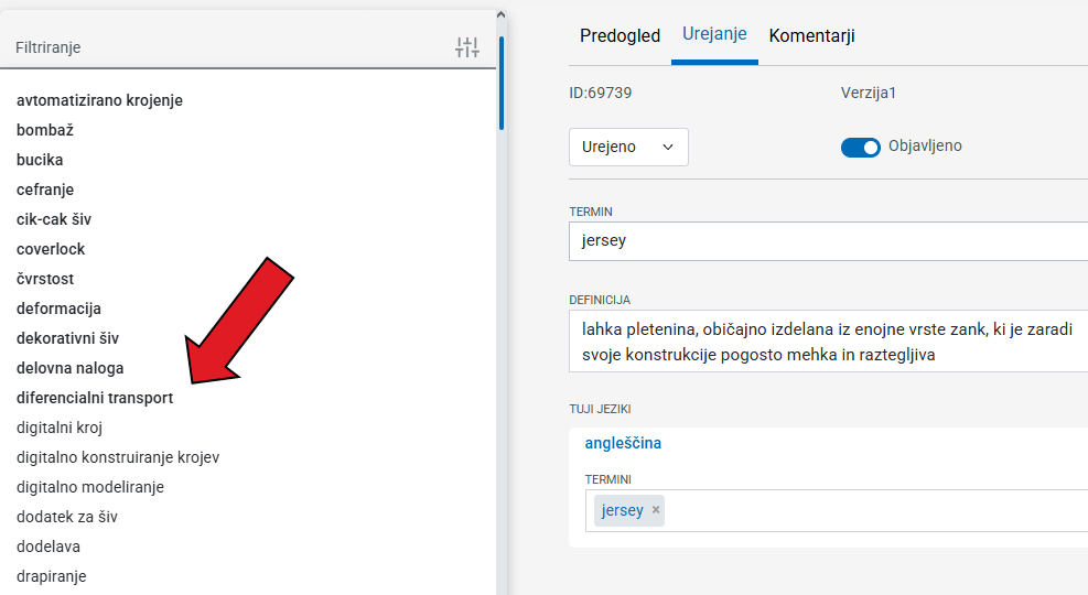 Posnetek zaslona objavljenih slovarskih sestavkov, krepko obarvani