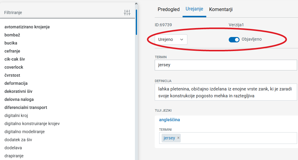 Posnetek zaslona: status sestavka, urejeno in objavljeno