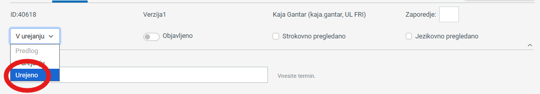 Posnetek zaslona: status sestavka, jezikovno pregledano