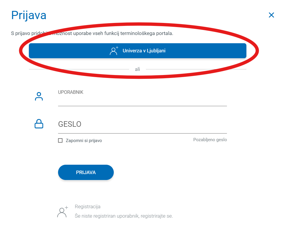 Posnetek zaslona: gumb za prijavo