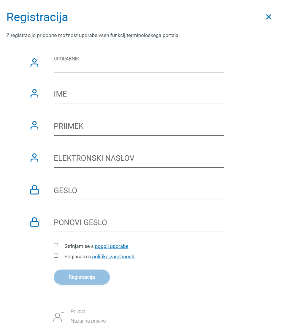 Posnetek zaslona: registracija in prijava